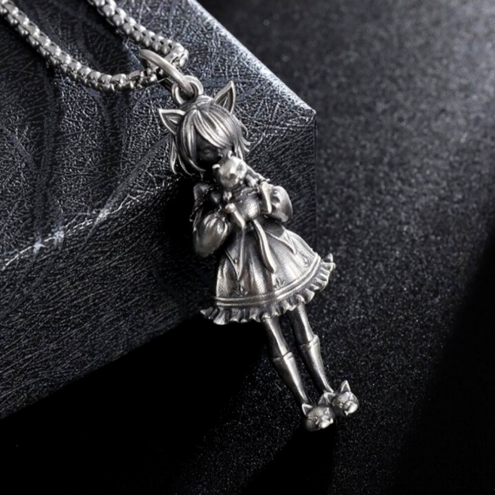 Necklace Goth Girl Cat Adorable Cat Girl Silver Tone NEW IN PACKAGE